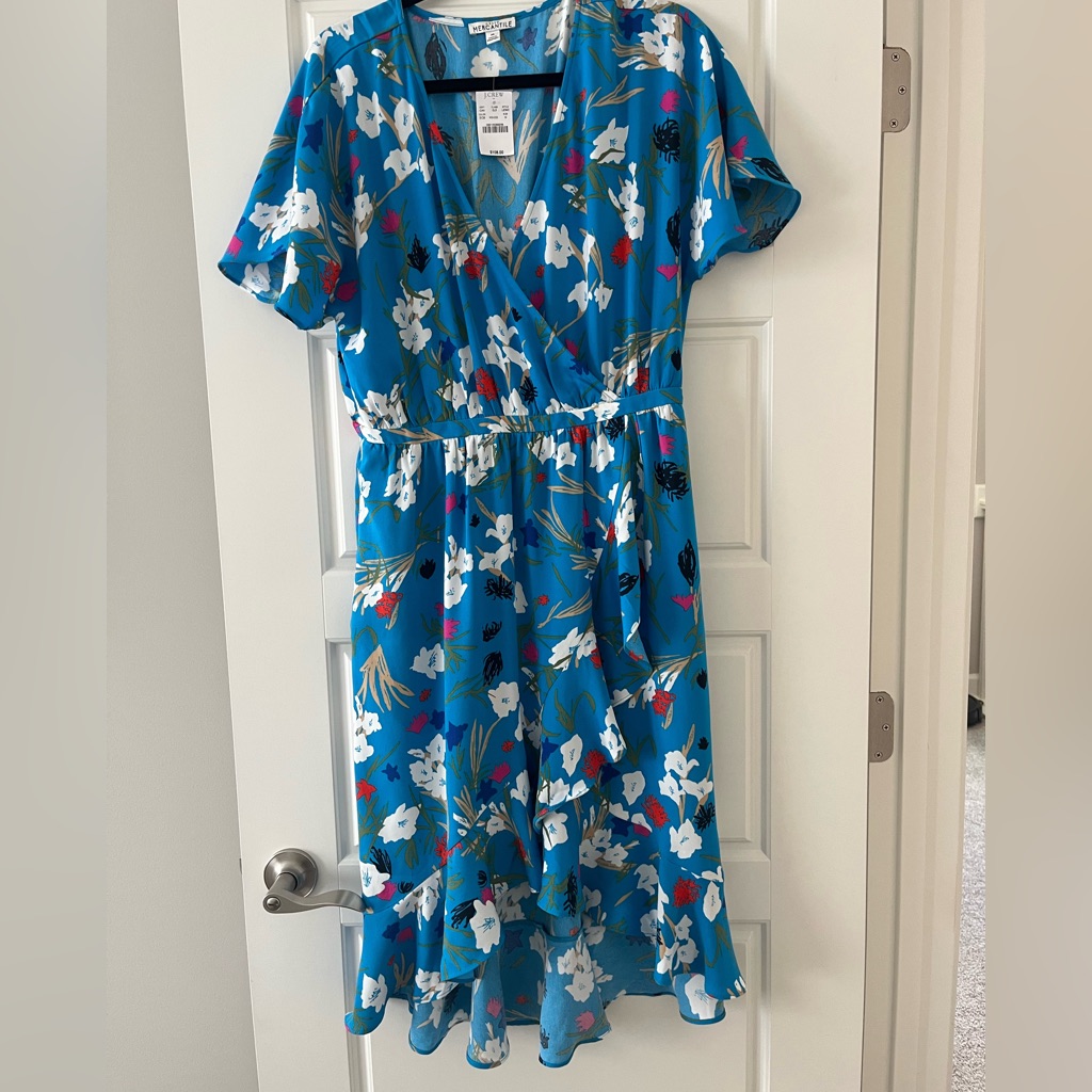 J. Crew Blue And White Flutter Sleeve Wrap Dress